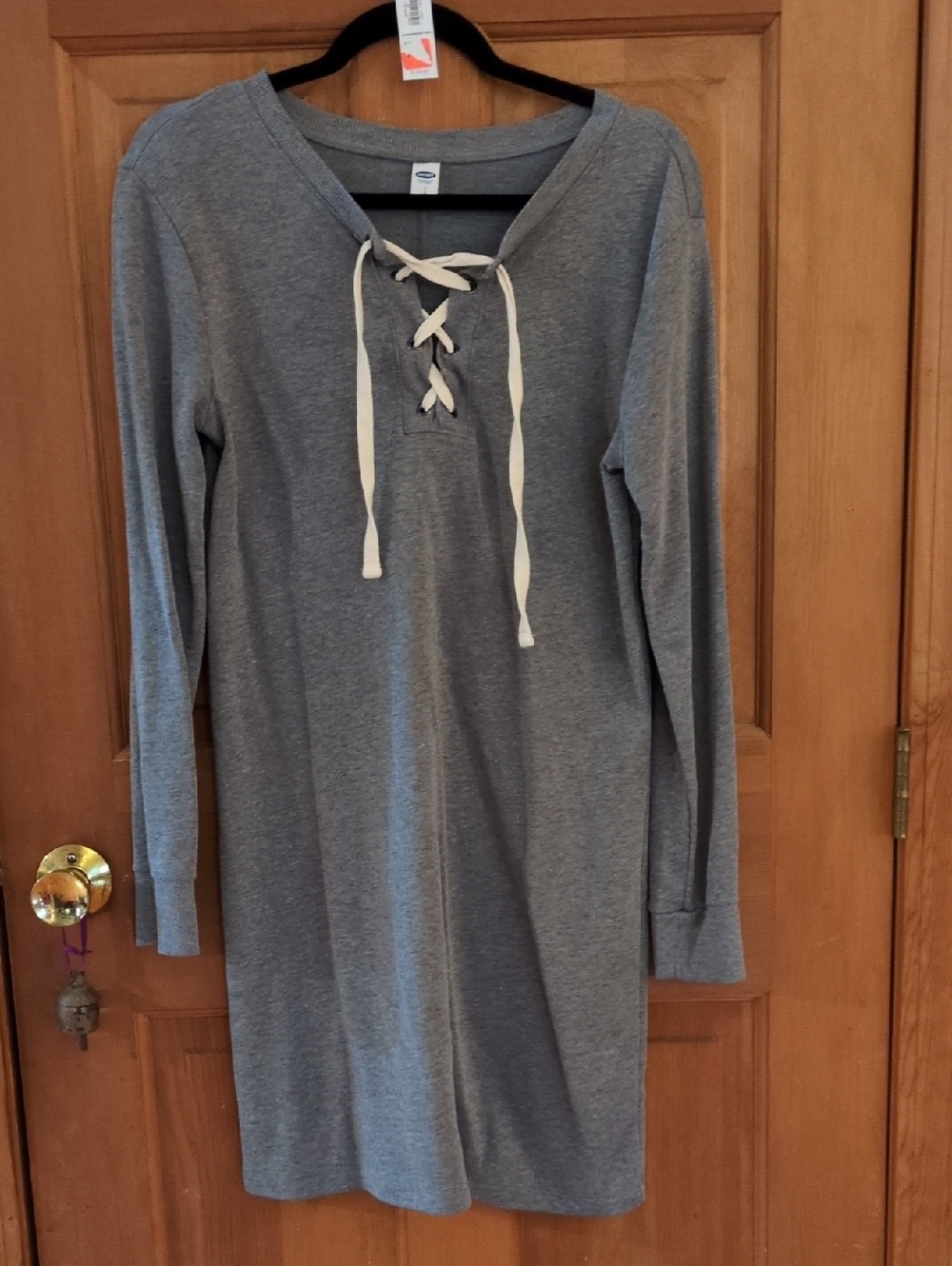 Old Navy Heather Gray Lace-Up Thin Sweatshirt Dress with Cream Ties Size Small